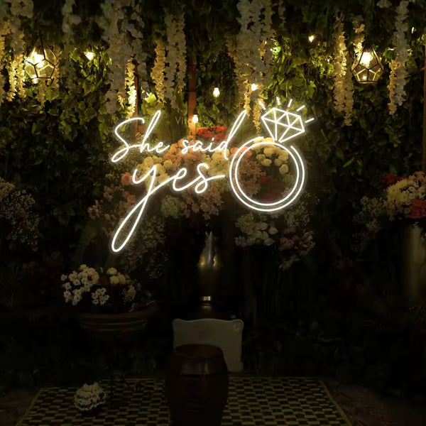 She Said Yes engagement neon sign in custom script
