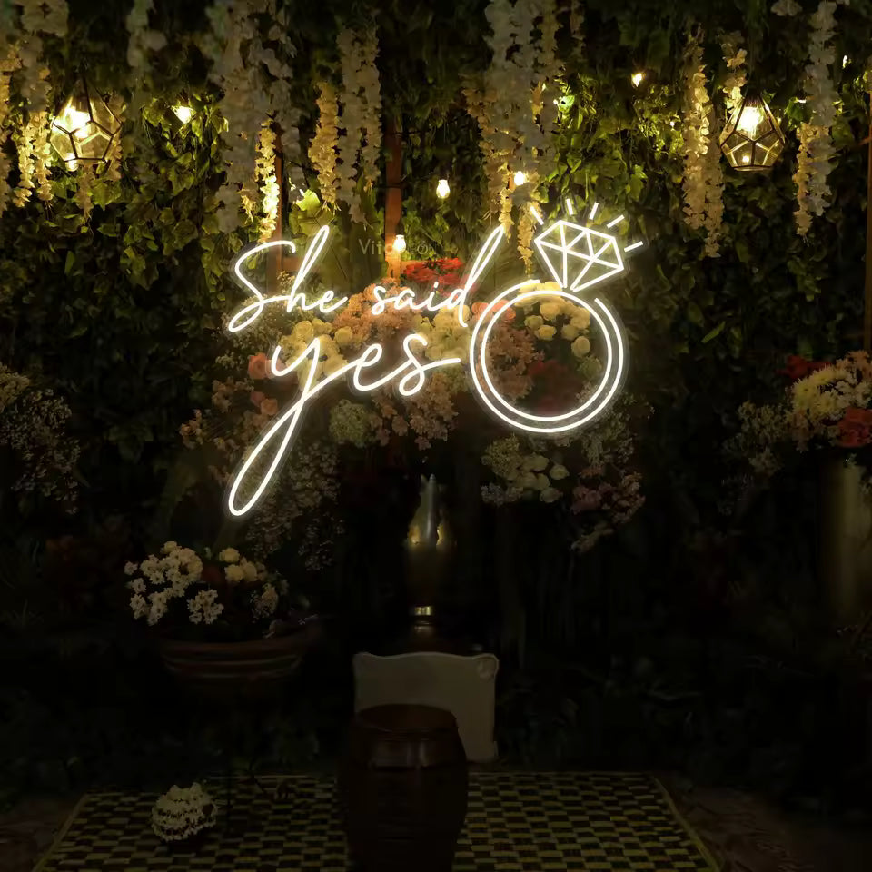 She Said Yes engagement neon sign in custom script